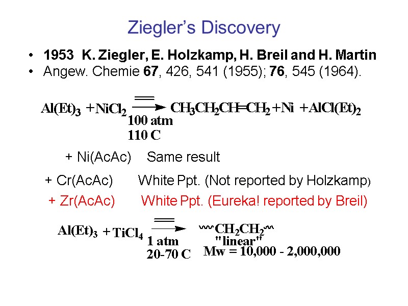 Ziegler’s Discovery 1953  K. Ziegler, E. Holzkamp, H. Breil and H. Martin Angew.